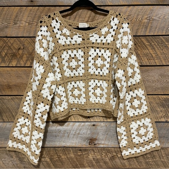 Dreamers By Debut Sweaters - Dreamers by Debut Sweater Medium Large Cream Tan Crochet Granny Square Boho
